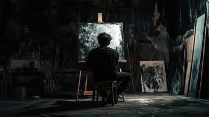 Naklejka premium Artist immersed in creativity, painting in a dimly lit studio, AI