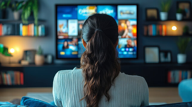 Woman Streaming Movies on Smart TV in Cozy Home Living Room