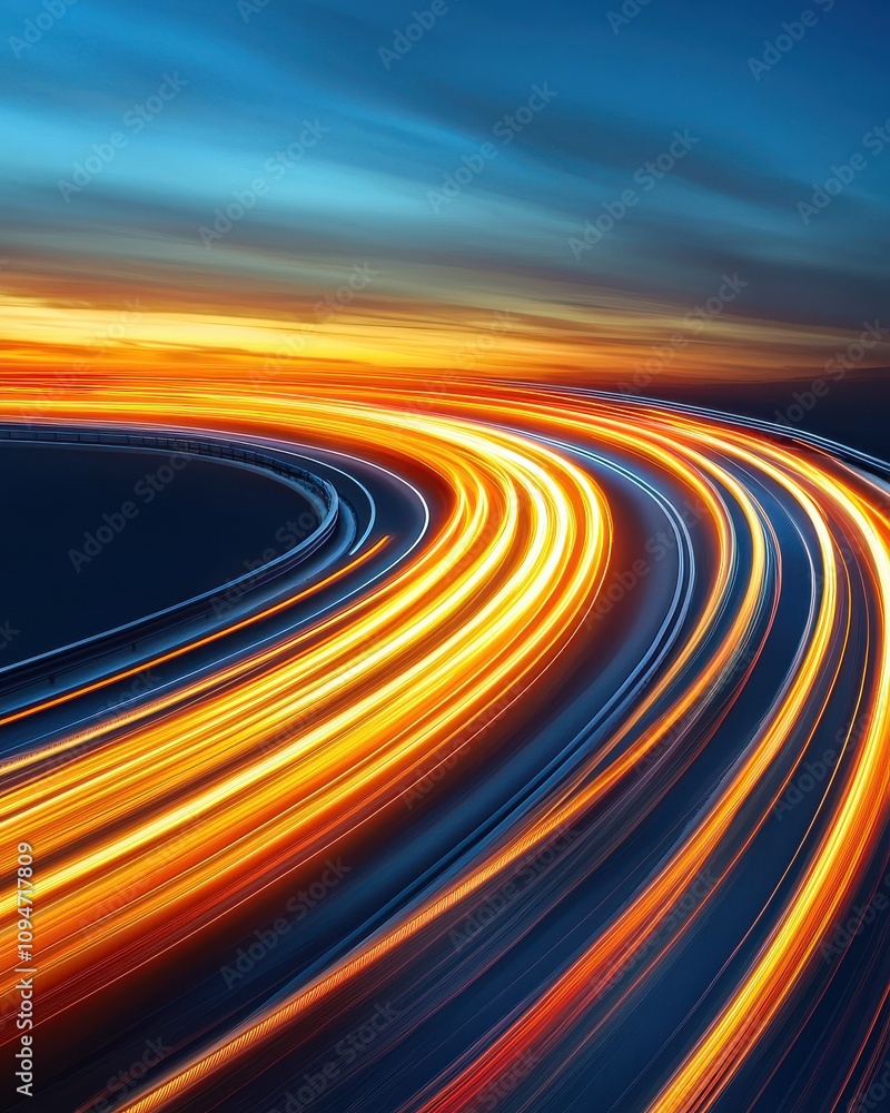 Poster a vibrant image showcasing dynamic light trails on a winding road during twilight, capturing the ess