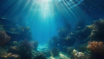 Obraz premium deep blue underwater with sun beams background. Sunlight shining ,the surface and under the blue ocean, sea wave , with clean waters in summer time