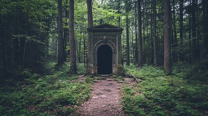Obraz premium A Mystical Ancient Doorway in a Dense Forest, Representing the Gateway to the Unknown and the Call for Adventure