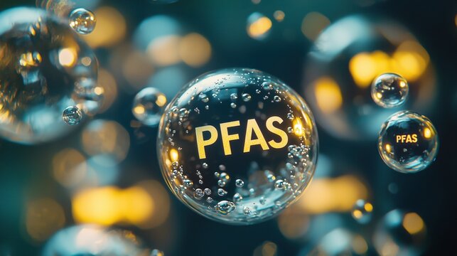 PFAS molecule highlighted in detailed chemical structure on blue background