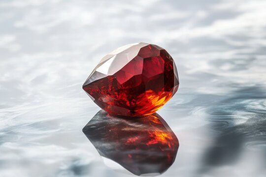 A polished garnet gemstone sitting atop a mirrored surface, symbolizing strength, passion, and commitment