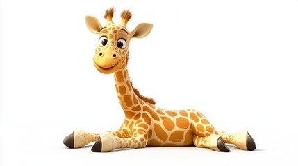 Obraz premium Cute cartoon giraffe sitting with smiling expression on white background