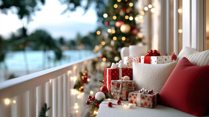 Festive holiday scene with gifts and decorations on a cozy porch, AI