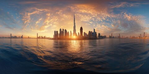Naklejka premium A 3D image shows Dubai at sunrise. It's a beautiful view of the city in the United Arab Emirates.