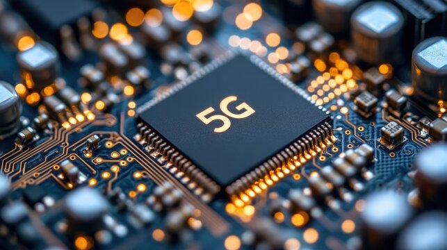 Advanced telecom chip glowing with golden circuits