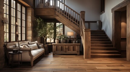 Charming farmhouse entryway with rustic staircase and wooden door, creating a cozy and welcoming modern entrance hall.
