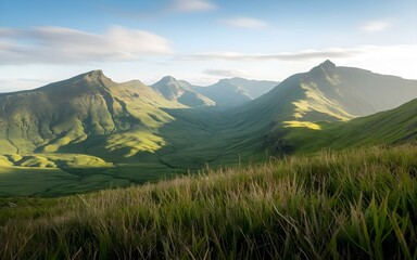 Fototapeta premium Majestic Snow-Capped Mountains with Lush Green Meadow Under a Vibrant Blue Sky