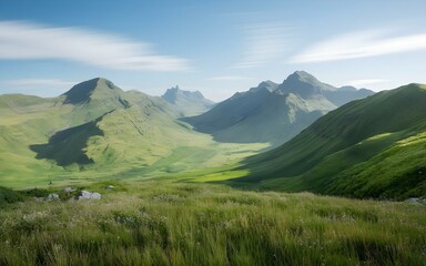 Fototapeta premium Majestic Snow-Capped Mountains with Lush Green Meadow Under a Vibrant Blue Sky