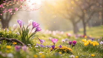 Obraz premium Dreamy spring garden with vibrant flowers and bokeh effect for nature inspiration
