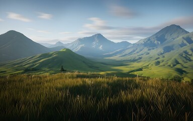 Fototapeta premium Majestic Snow-Capped Mountains with Lush Green Meadow Under a Vibrant Blue Sky