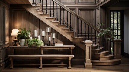Fototapeta premium Cozy farmhouse-style entrance hall featuring a rustic staircase and wooden door. A warm, inviting atmosphere for any home.