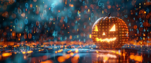 A glowing jack-o'-lantern covered in binary code, surrounded by floating numbers and data streams. Halloween image blending traditional pumpkin carving with a tech-inspired, futuristic atmosphere