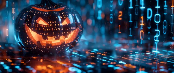 glowing jack-o'-lantern with a broad smile, surrounded by vibrant binary code and digital effects. The image blends Halloween tradition with a high-tech, cyberpunk atmosphere