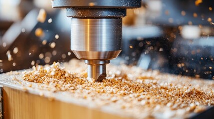 Close-up of a drill bit drilling into a piece of wood, creating sawdust