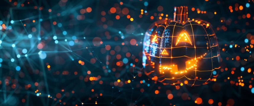 A glowing jack-o'-lantern with wireframe design and digital network connections in the background. Halloween image merging traditional pumpkin carving with a futuristic, tech-inspired theme