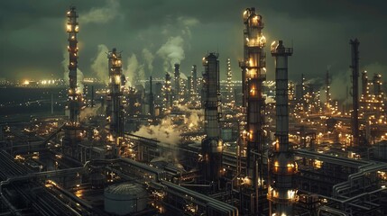 Fototapeta premium Expansive Night View of Modern Oil Refinery with Glowing Lights