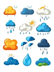 Cloud with rain weather icon set isolated on white background. Cartoon rain clouds collection.