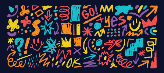 Hand drawn organic grunge bold shapes, curved lines and dots vector set. Geometric set in Memphis style. Grunge swirled brush stroke, curly and straight lines.