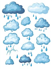 Obraz premium Cloud with rain weather icon set isolated on white background. Cartoon rain clouds collection.