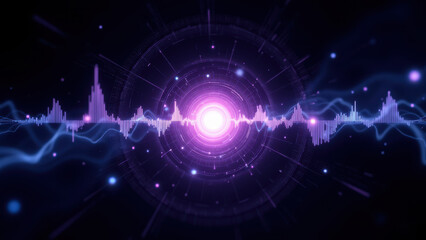 Fototapeta premium Abstract high-tech background with a central core emitting energy waves and particles.