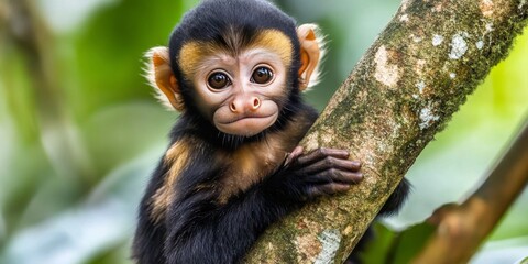 Fototapeta premium A brown capuchin monkey sat in a tree in Peru's Tambopata National Reserve.