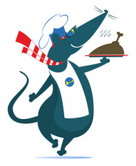 Rat or mouse a cook. Rat or mouse holding a tray with food. 
Funny rat or mouse holding a tray with meat, duck or chicken. Isolated on white background
