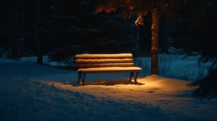 Serene Winter Landscape with Snow-Covered Park Bench Illuminated by Warm Light in a Peaceful Snowy Forest at Night