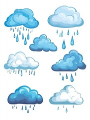 Obraz premium Cloud with rain weather icon set isolated on white background. Cartoon rain clouds collection.