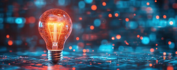 Glowing lightbulb on dark background representing strategy and innovation, 3D rendering of creative business solutions and planning