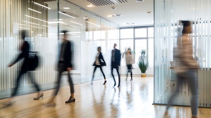 Fototapeta premium A busy office environment with blurred figures walking, showcasing a modern workspace.