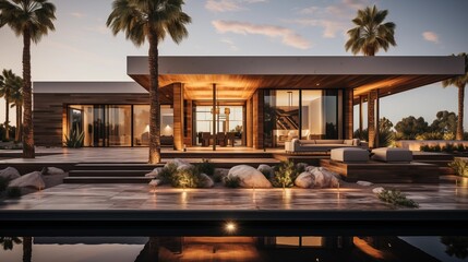 Fototapeta premium A modern cubic villa with a wood-clad facade and open terrace. Surrounded by palms, it embodies minimalist luxury living.