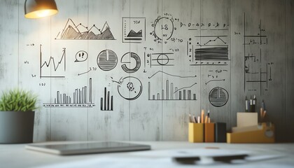 Handdrawn business strategy icons including graphs, charts, and symbols on a white background, 3D rendering, planning and learning concept
