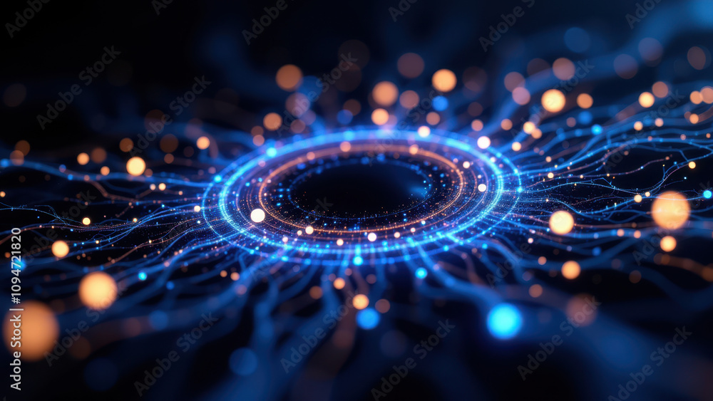Poster abstract high-tech digital background with glowing spheres and interconnected lines.