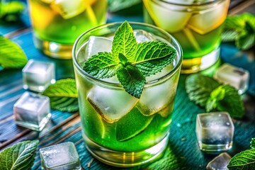 Refreshing mint cocktail with ice cubes in glass embracing sports drink aesthetics
