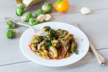 Brussel sprouts cooked with vegetables and spices