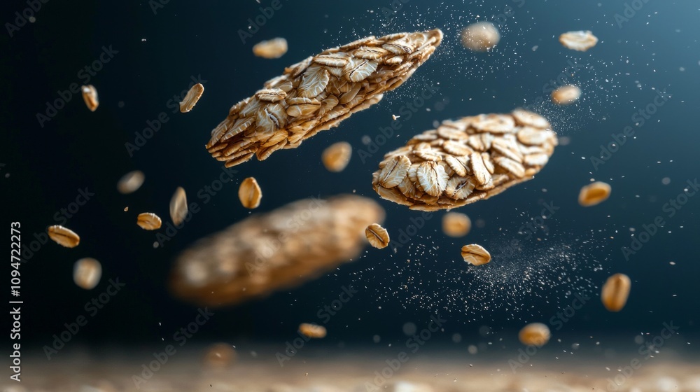 Aufkleber clusters oats float mid air surrounded scattered oat grains creating striking visual dark background