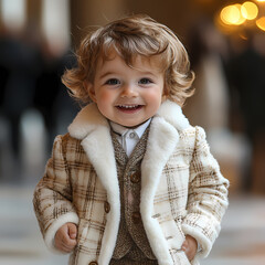 Walking down the runway with a smile is a cute smiling french baby