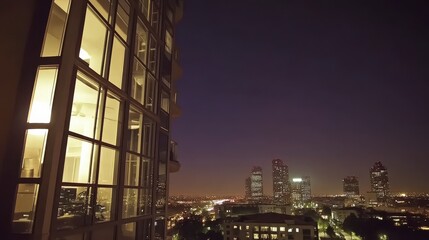 Fototapeta premium Stunning Nighttime Cityscape View from a High-Rise Apartment Balcony with Illuminated Windows Overlooking a Vibrant Urban Landscape in the Heart of Downtown