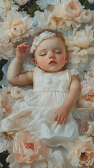 Schlafendes Baby in einem Bett aus Rosenblüten