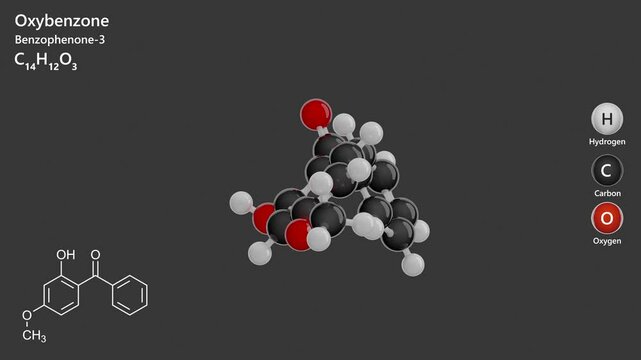 Oxybenzone or benzophenone-3. Animated 3D model of a molecule. Molecular formula: C14H12O3. Chemical model: Ball and sticks. Gray background. 3D rendering. Seamless loop.