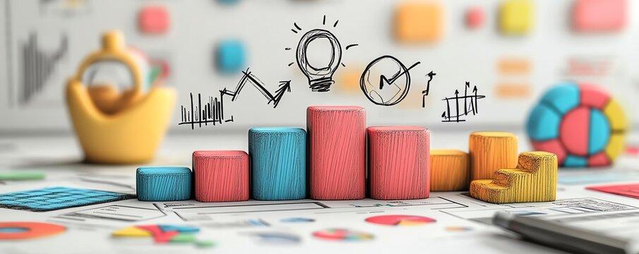 3D business strategy icons, handdrawn graphs, charts, and symbols on a white background, visualizing planning, strategy, and learning concepts