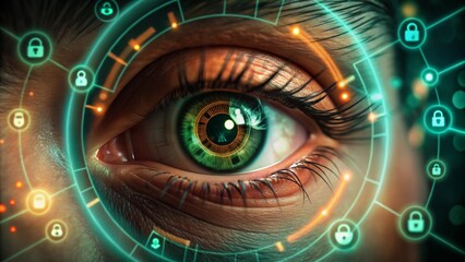 Futuristic cybersecurity concept with digital eye and security symbols