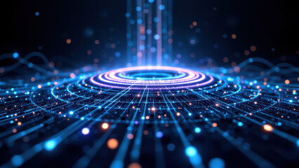 Abstract digital network with a glowing blue core.