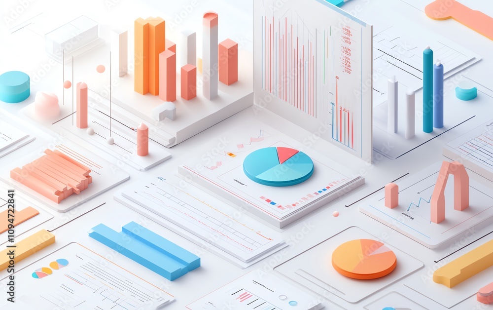 Poster 3d rendering of financial charts and graphs with a clean layout on a white background, business anal