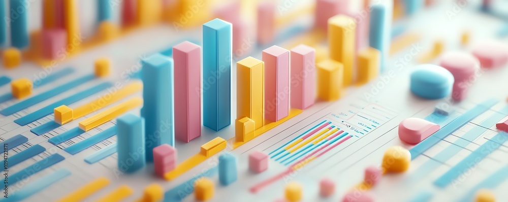 Poster 3d rendering of clean financial charts and graphs, white background, showing clear financial data an