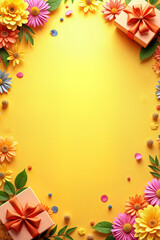 Greeting card. Vibrant yellow background adorned with various flowers and gift boxes, creating a festive and celebratory atmosphere.