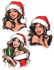 Set of smiling Young Woman's Wearing Christmas Hat