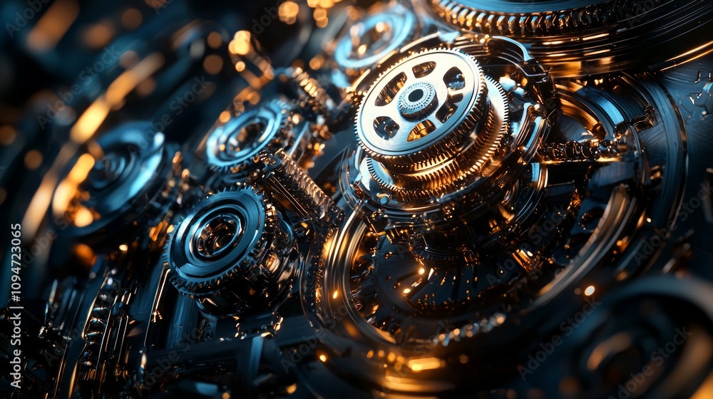 Poster detailed arrangement mechanical gears and clockwork mechanisms highlights advanced machinery futuris